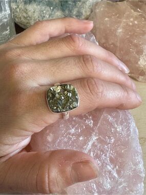 Sterling Silver Pyrite Square Statement Ring - Unisex. Size 9